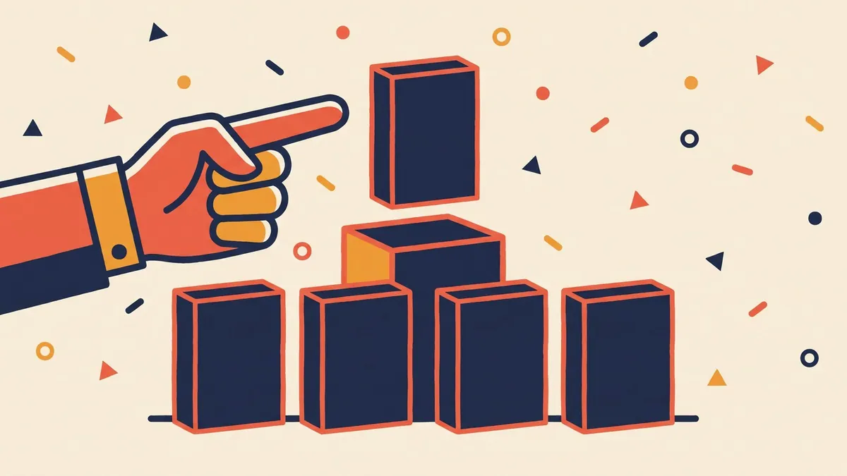 A flat vector hand pointing at one plain box raised above a row of identical boxes