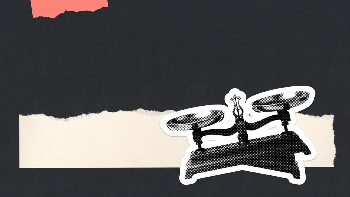 Halftone collage of a set of weighing scales tipped hard to one side, for how budget shapes creative ideas