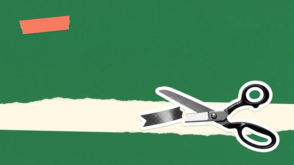 Halftone collage of a ribbon and scissors on a torn horizon band, for how D2C changed brand launches