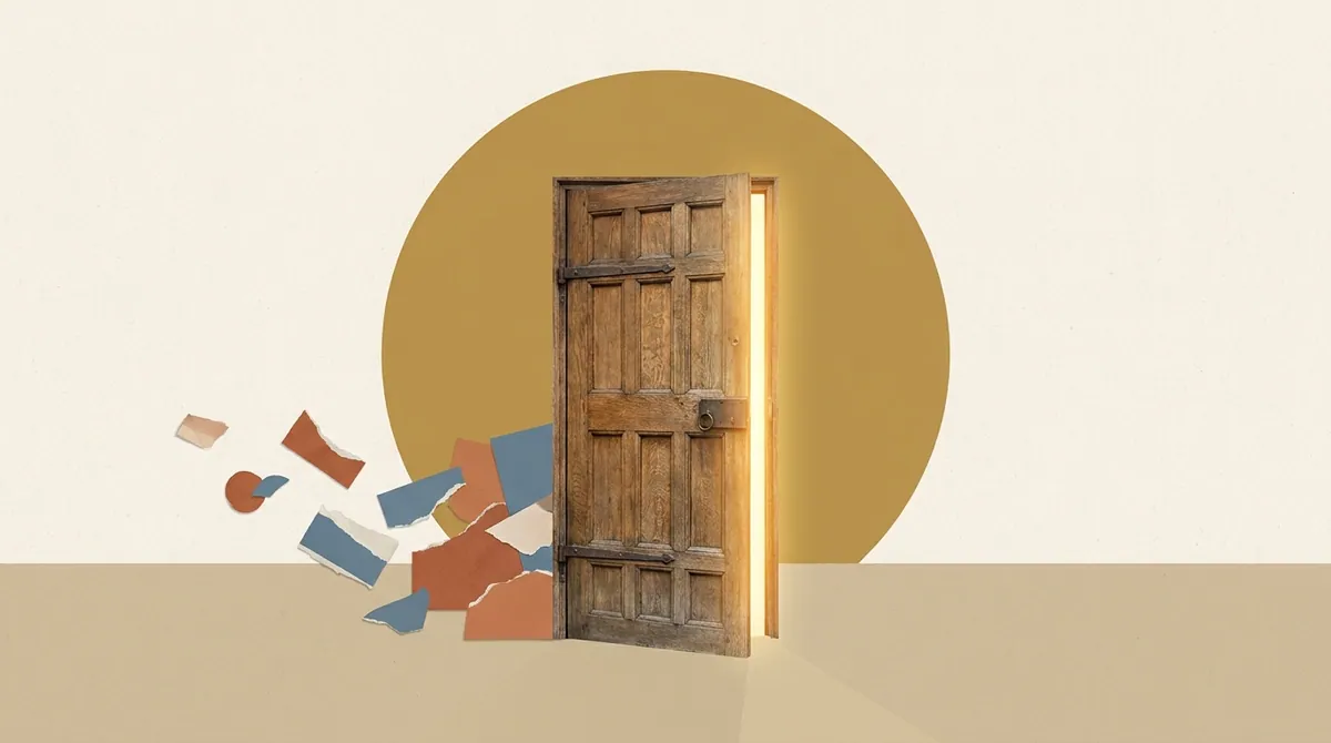 A wooden door ajar against a bold gold circle, with torn paper collage fragments scattered nearby