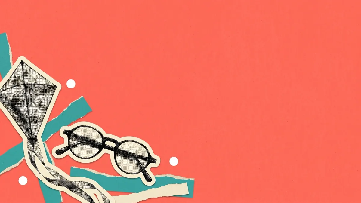Halftone collage of a paper kite and a pair of spectacles on charcoal, for Google’s Reunion film