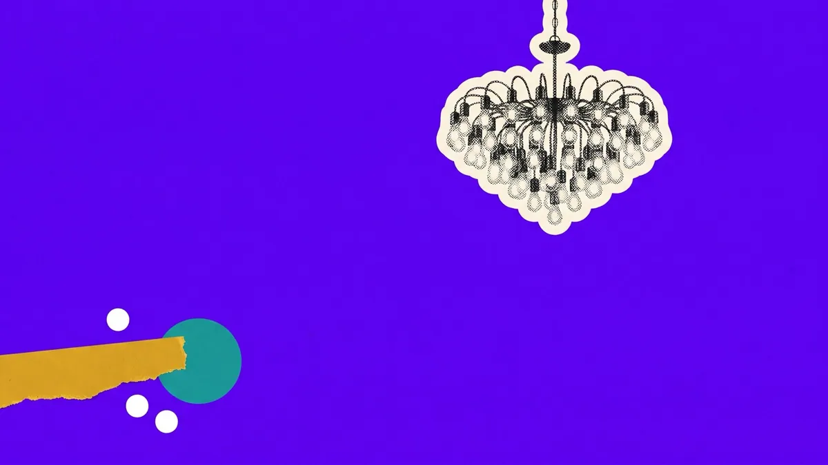 Halftone collage of an ornate chandelier of bare bulbs glowing in darkness, marking the Happydent Palace commercial