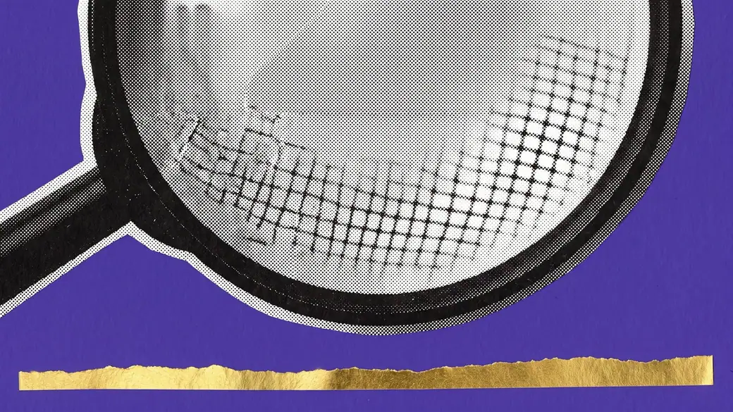 Halftone collage of a magnifying glass at extreme close crop, for influencer regulation in India