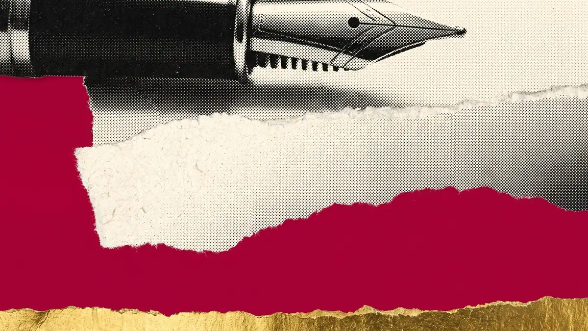Halftone collage of a red pen resting on a heavily marked page, for how legal review changes creative work
