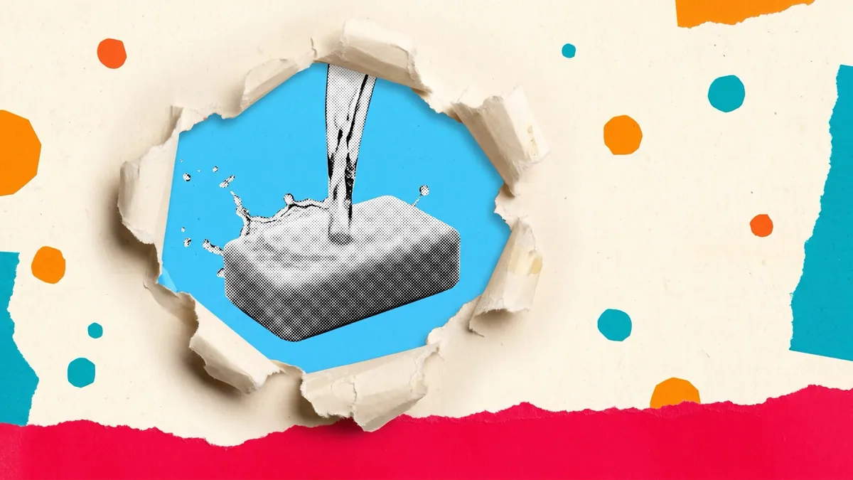 Halftone collage of a bar of soap and a falling stream of water on charcoal, for the Liril waterfall campaign