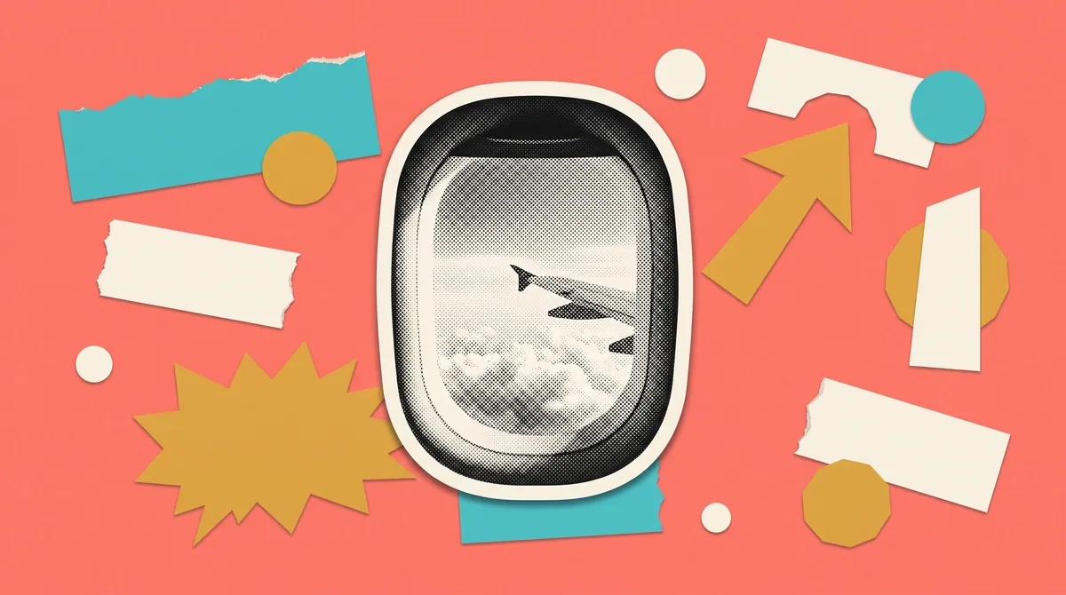 Halftone collage of an empty window seat looking out over clouds, marking MakeMyTrip's Dil Toh Roaming Hai campaign