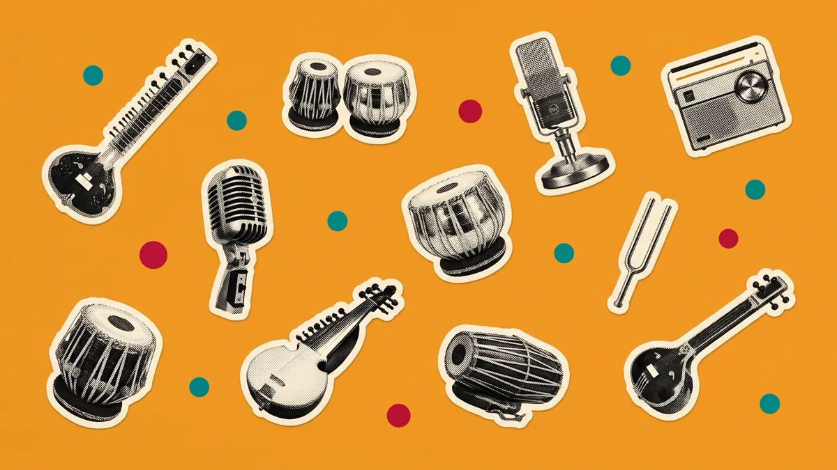 Halftone collage of a tanpura and a vintage broadcast microphone on charcoal, for Mile Sur Mera Tumhara