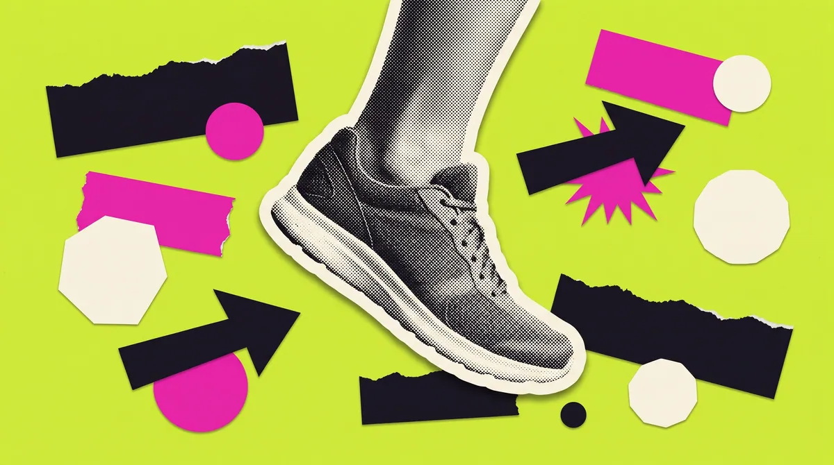 Halftone collage of a running shoe caught mid-stride, marking Nike's Da Da Ding campaign