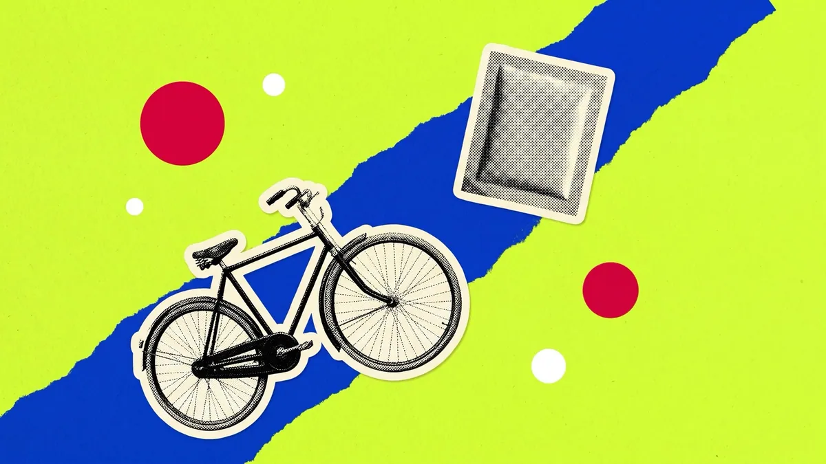 Halftone collage of a detergent sachet and a bicycle on charcoal, for the Nirma washing powder story