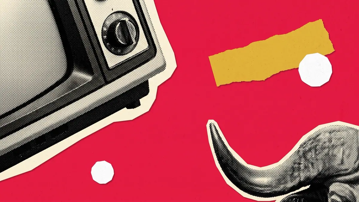 Halftone collage of a boxy television set and a pair of horns on charcoal, for the Onida devil campaign