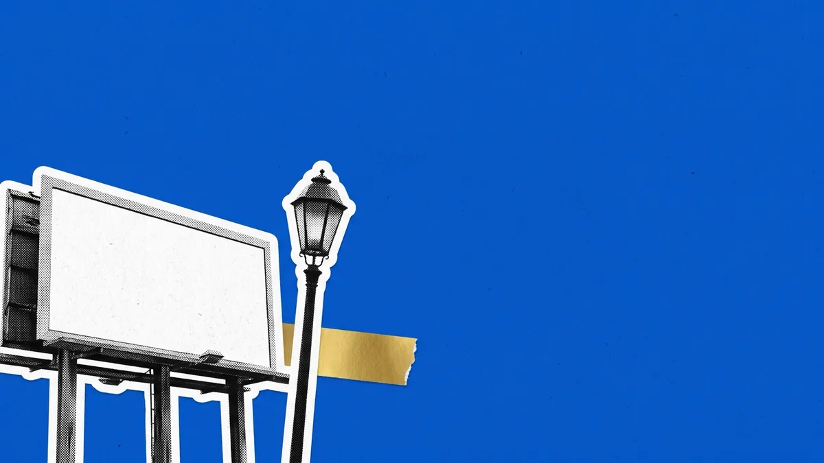Halftone collage of a billboard frame pushed hard into one corner of the frame, for how outdoor advertising survived