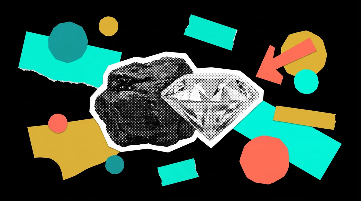 A lump of coal beside a cut diamond, in halftone on a black ground