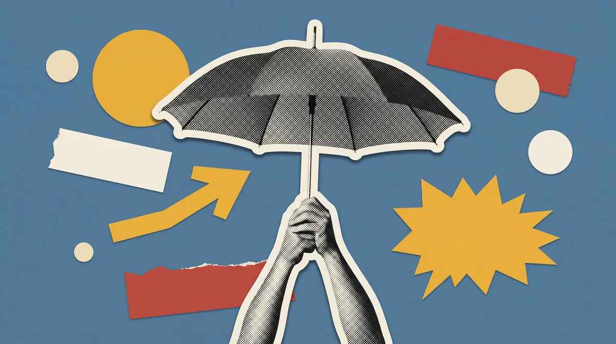 Halftone collage of two pairs of hands overlapping on a shared umbrella handle, marking SBI Life's Main Se Hum campaign