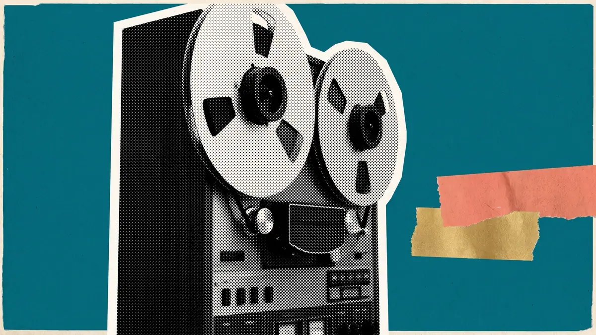 Halftone collage of a reel-to-reel tape machine at large scale, for how sound and music are chosen