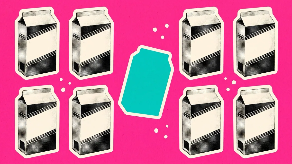 Halftone collage of a detergent carton and a shopping basket on charcoal, for the Surf Lalitaji campaign