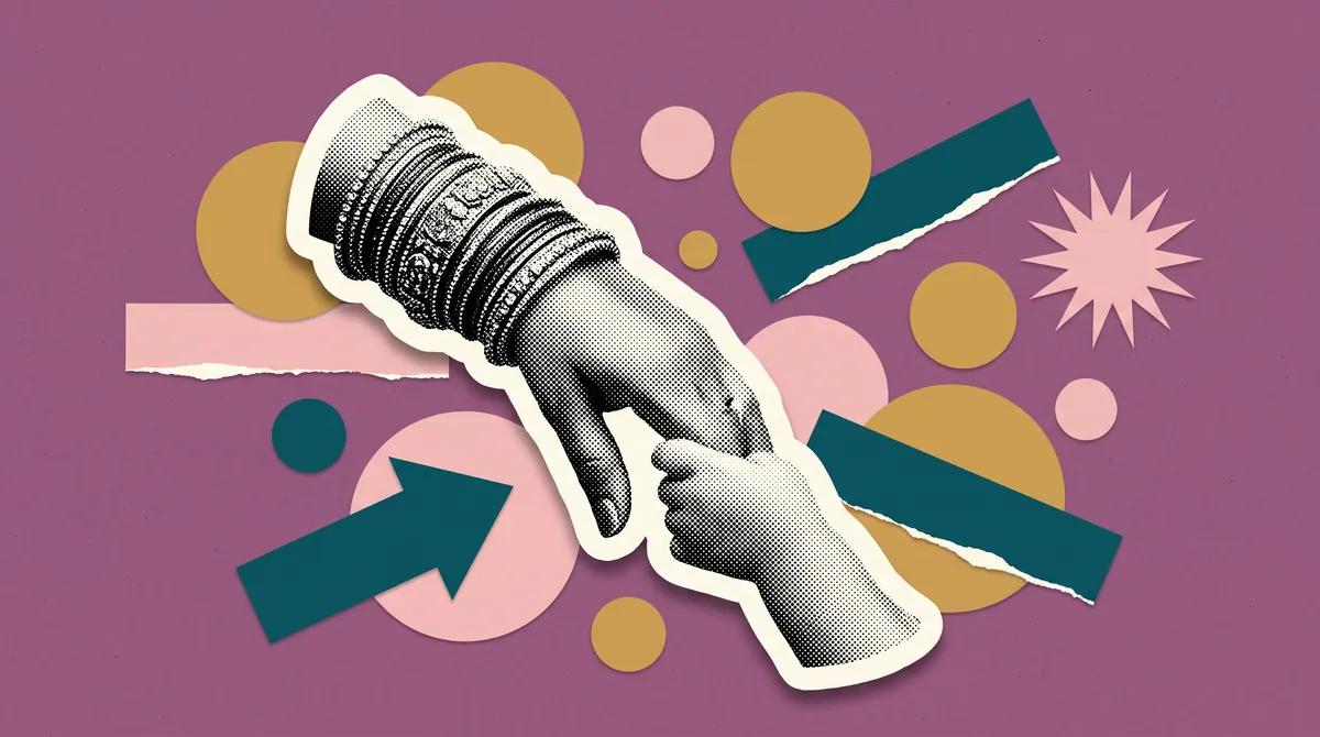 Halftone collage of bridal bangles and a child's hand, marking Tanishq's 2013 remarriage wedding film