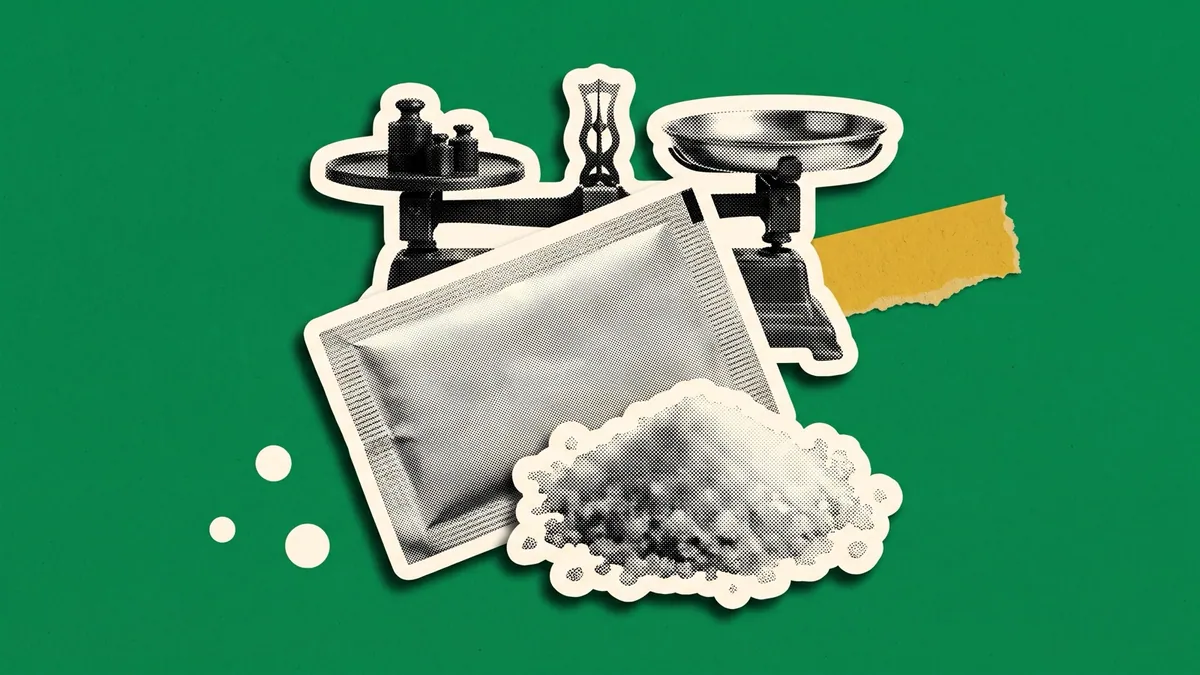 Halftone collage of a salt packet and a pair of scales on charcoal, for Tata Salt’s Desh Ka Namak positioning
