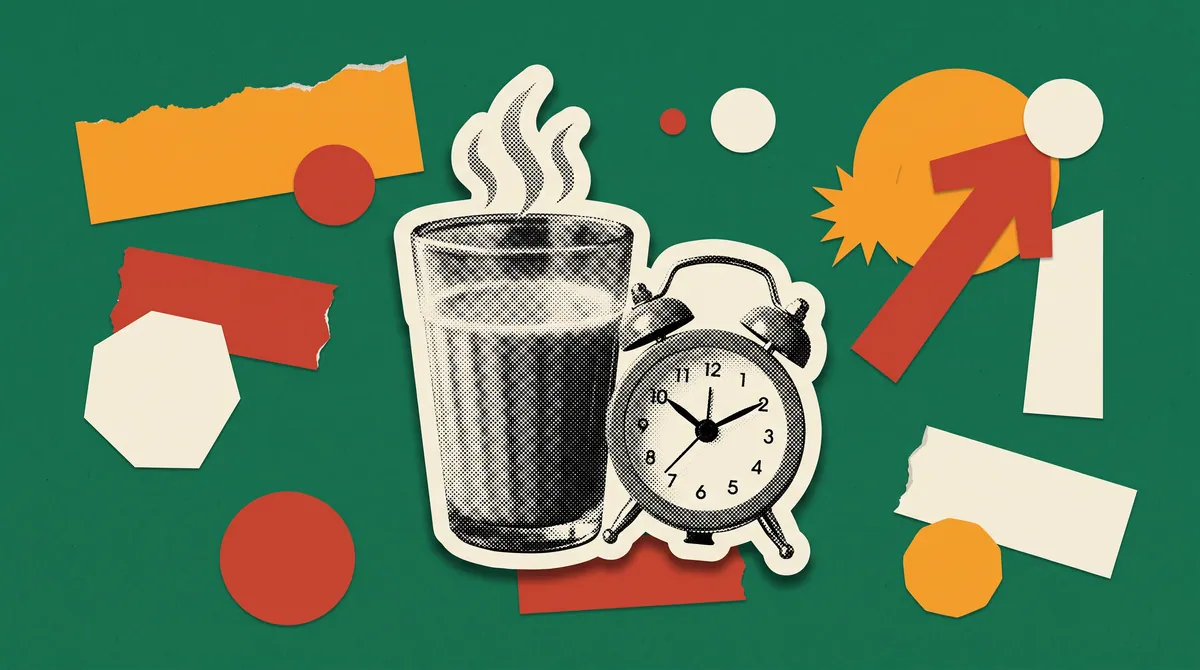 Halftone collage of a cutting-chai glass beside a small alarm clock, marking Tata Tea's Jaago Re campaign