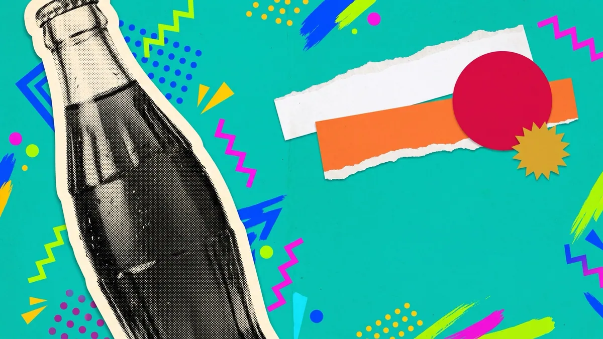 Halftone collage of a chilled glass soft-drink bottle beaded with condensation, marking the Thanda Matlab Coca-Cola campaign