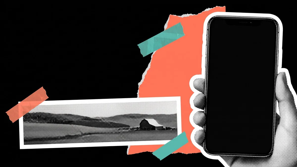 A tall blank phone and a wide letterbox landscape card set at right angles on a black ground