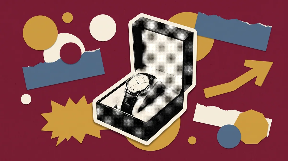 Halftone collage of a wristwatch in an open presentation box, marking Titan's Joy of Gifting campaign