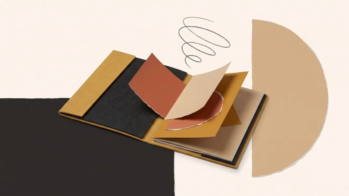 An open portfolio case with hand-drawn shapes rising out of it against warm off-white