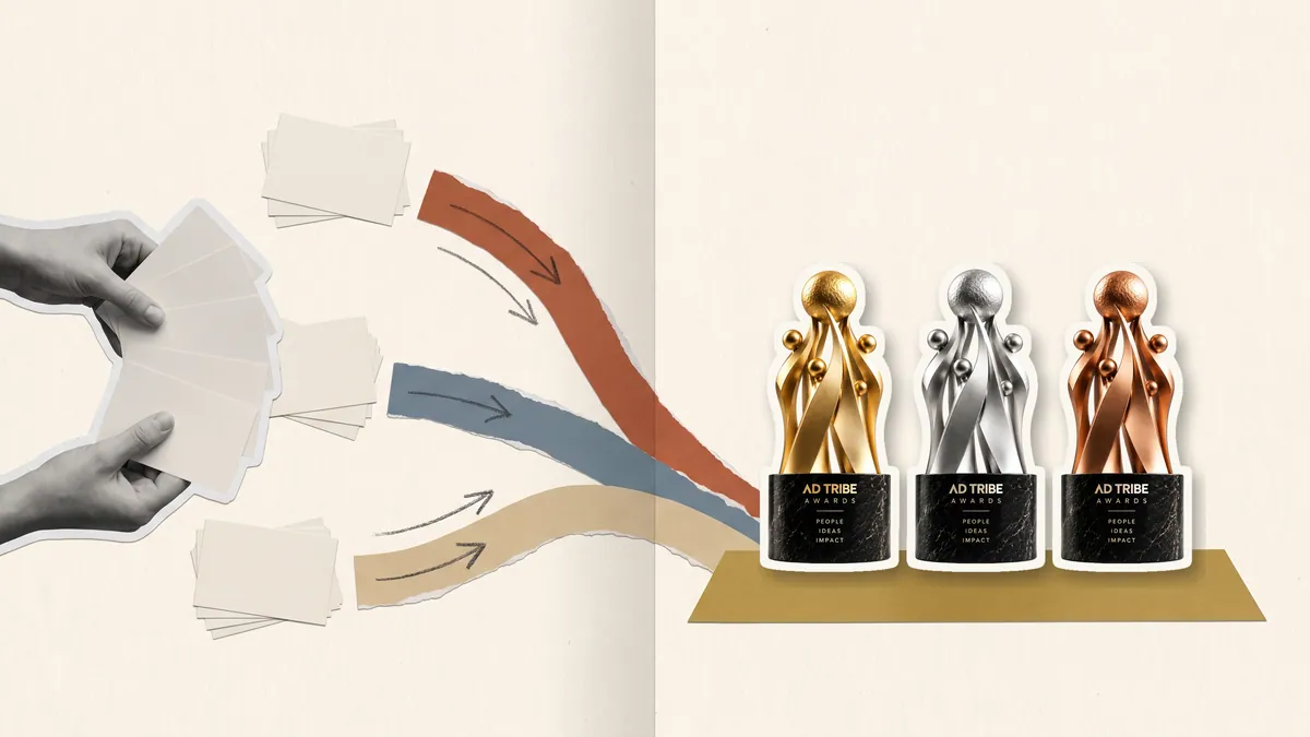 Paper collage of hands sorting cards into three paths that lead to the gold, silver and bronze Ad Tribe Awards trophies