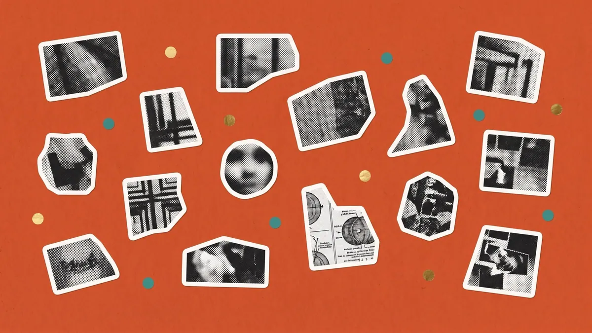 Halftone collage of many small screens scattered across the frame, each a different shape, for vernacular OTT