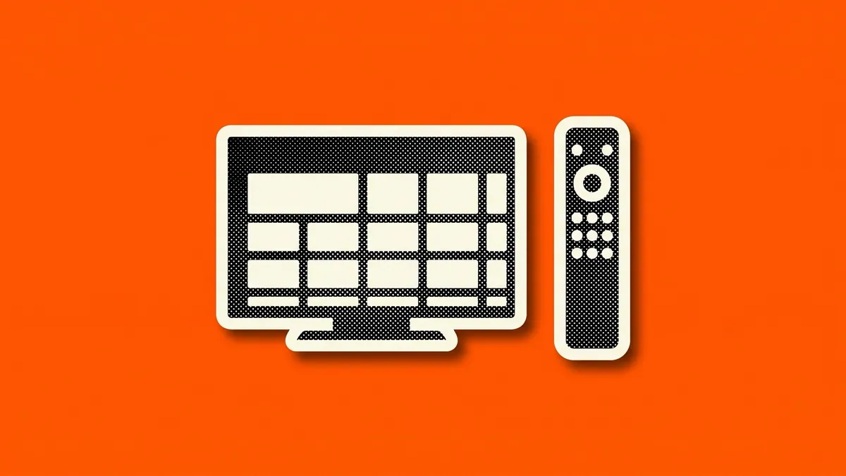 Halftone paper cutout of a television home screen grid and a remote control on a saturated orange background, for the Huella and VIDAA partnership