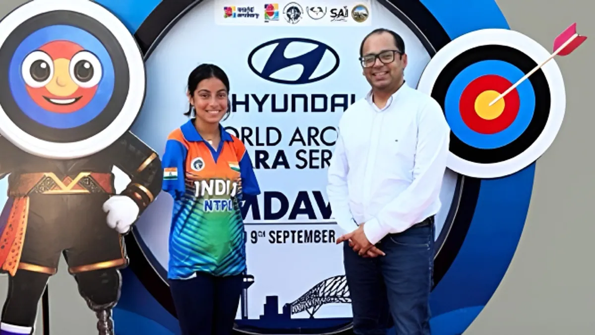 Sheetal Devi in India colours at a Hyundai World Archery Para Series backdrop, in the photograph issued with her Hyundai Motor India brand ambassador announcement