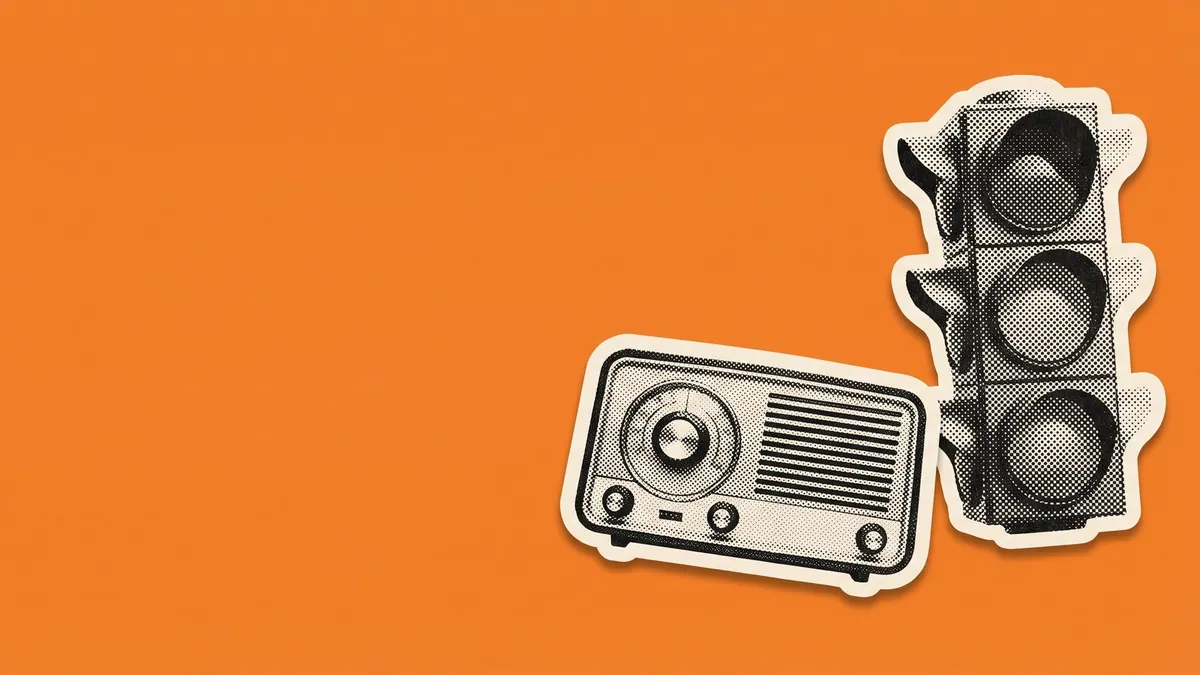 Halftone paper cutout of a traffic signal and a radio dial on a saturated tangerine field