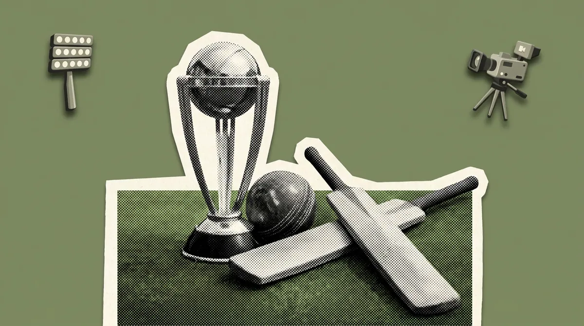 A cricket ball and trophy against a stadium backdrop