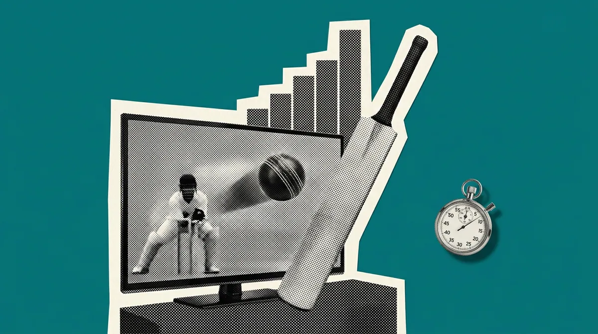A stack of TV commercial break slates beside a cricket ball