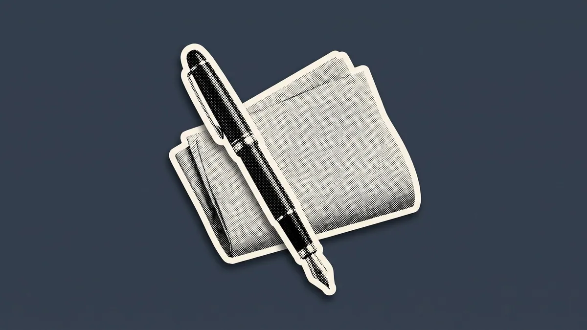 A halftone paper cutout of a fountain pen and a folded newspaper on a flat coloured background