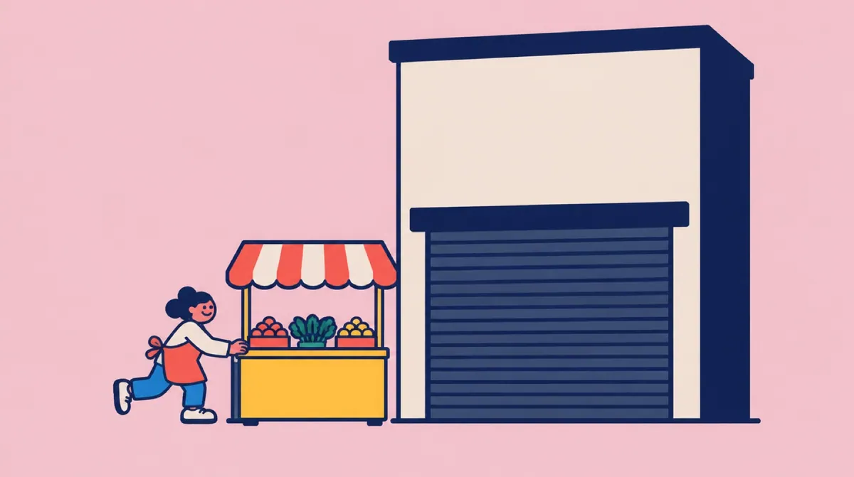 A flat vector character selling from a small stall beside a very large empty building