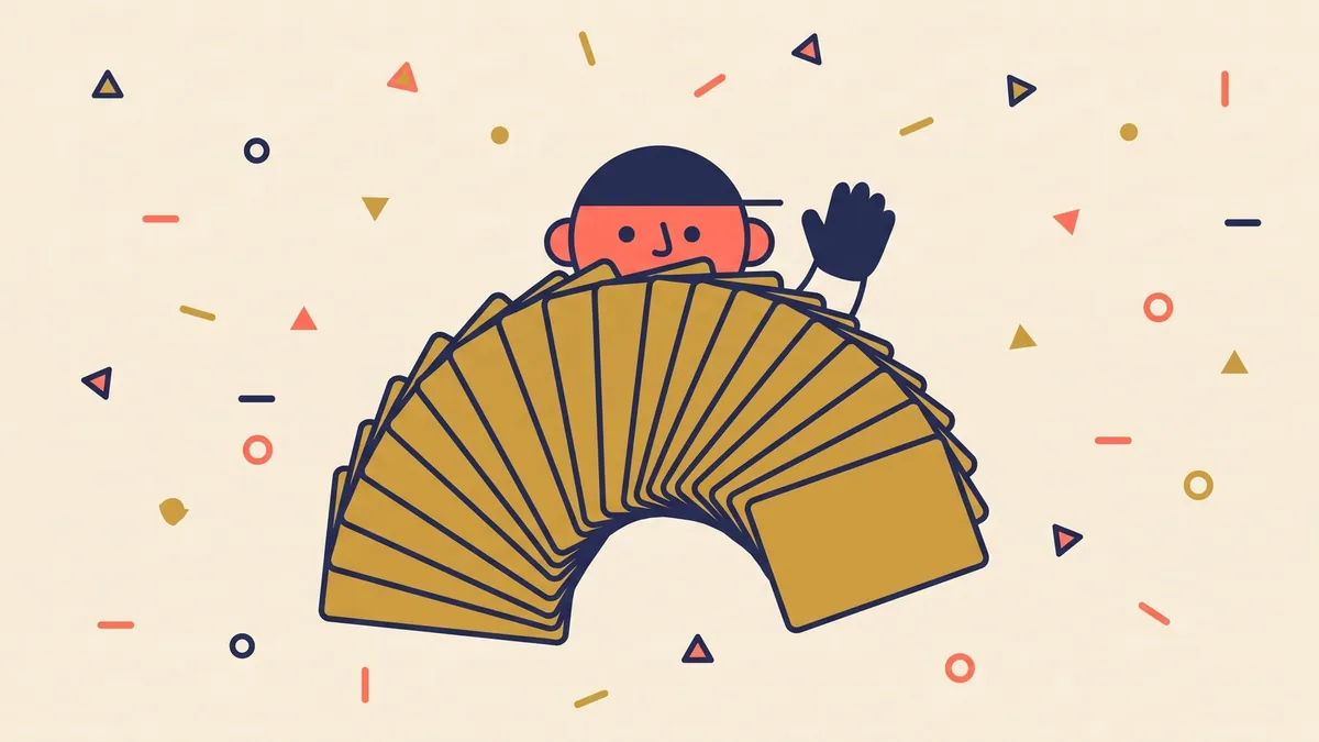 A flat vector character almost hidden behind an enormous fan of identical blank cards