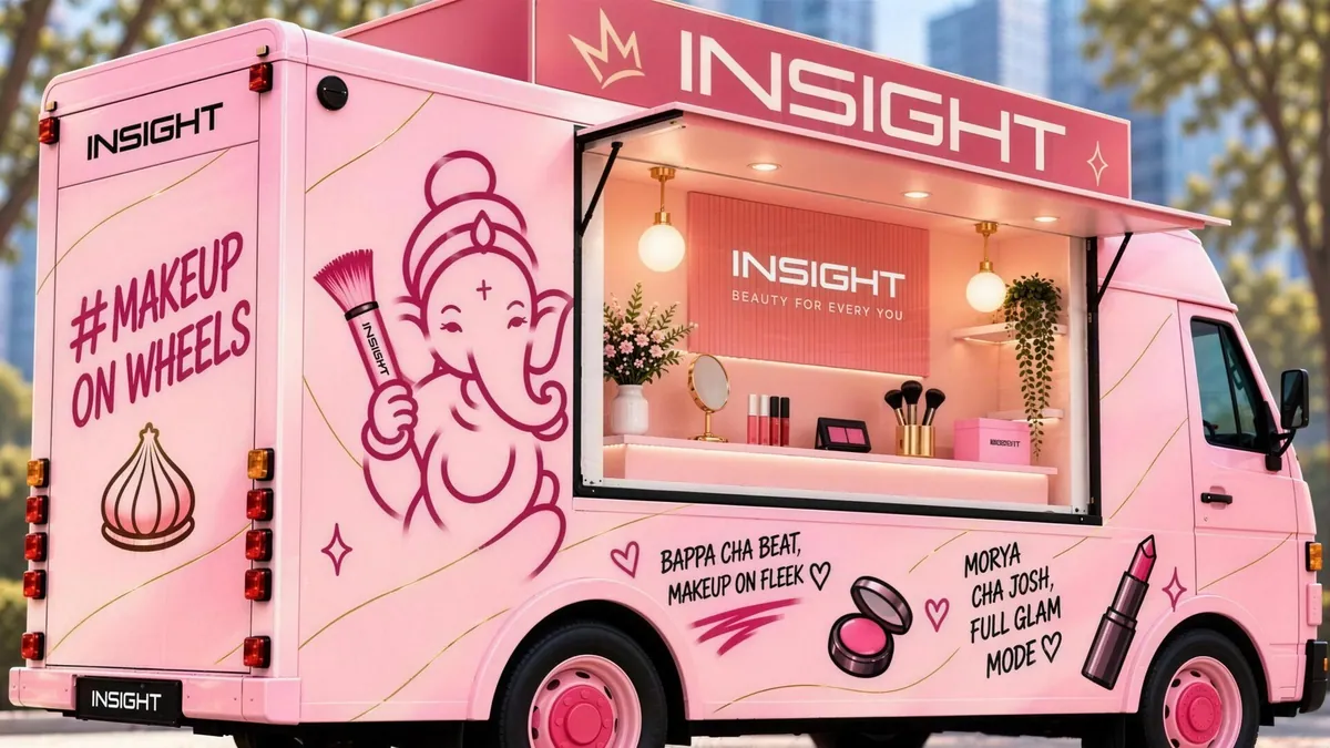 The pink Insight Cosmetics #MakeupOnWheels vanity van, with a Ganesha illustration holding a makeup brush