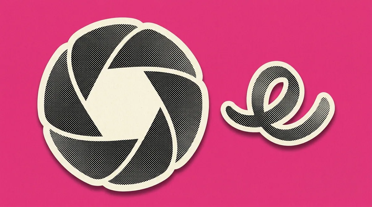 A stylised camera aperture beside a flowing script-letter shape