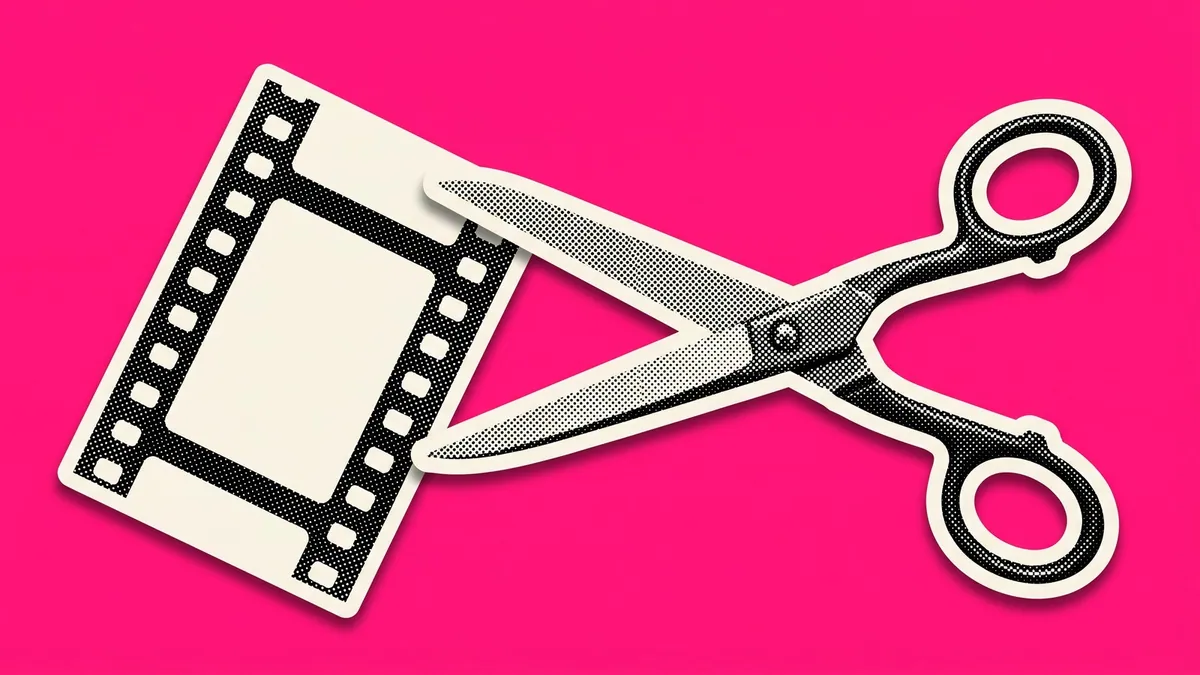 A halftone paper cutout of a film strip and a pair of scissors on a flat coloured background