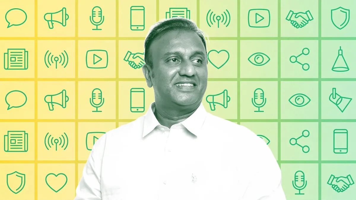 Priyan DC, founder and CEO of Star Squared PR, in front of a grid of communication icons, for an Ad Tribe interview