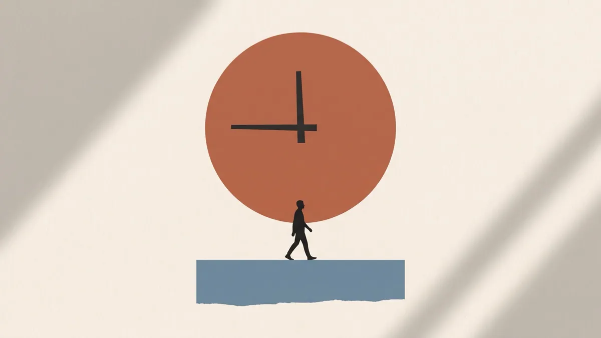 A large clock face with no numbers, all three hands pointing the same way, a small figure walking beneath it
