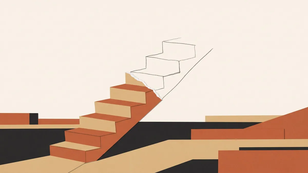 A career staircase whose top steps have been cut away, in warm sand and terracotta