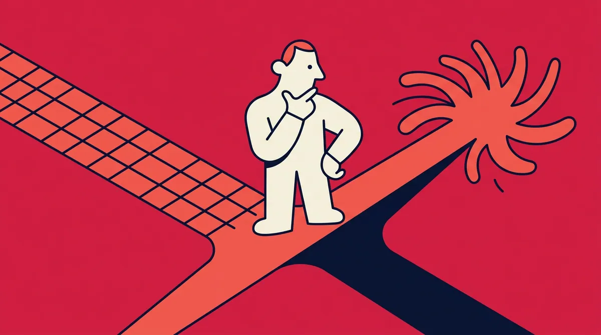 A character standing at a fork between a neat repeating tiled path and a wild bursting swirl path