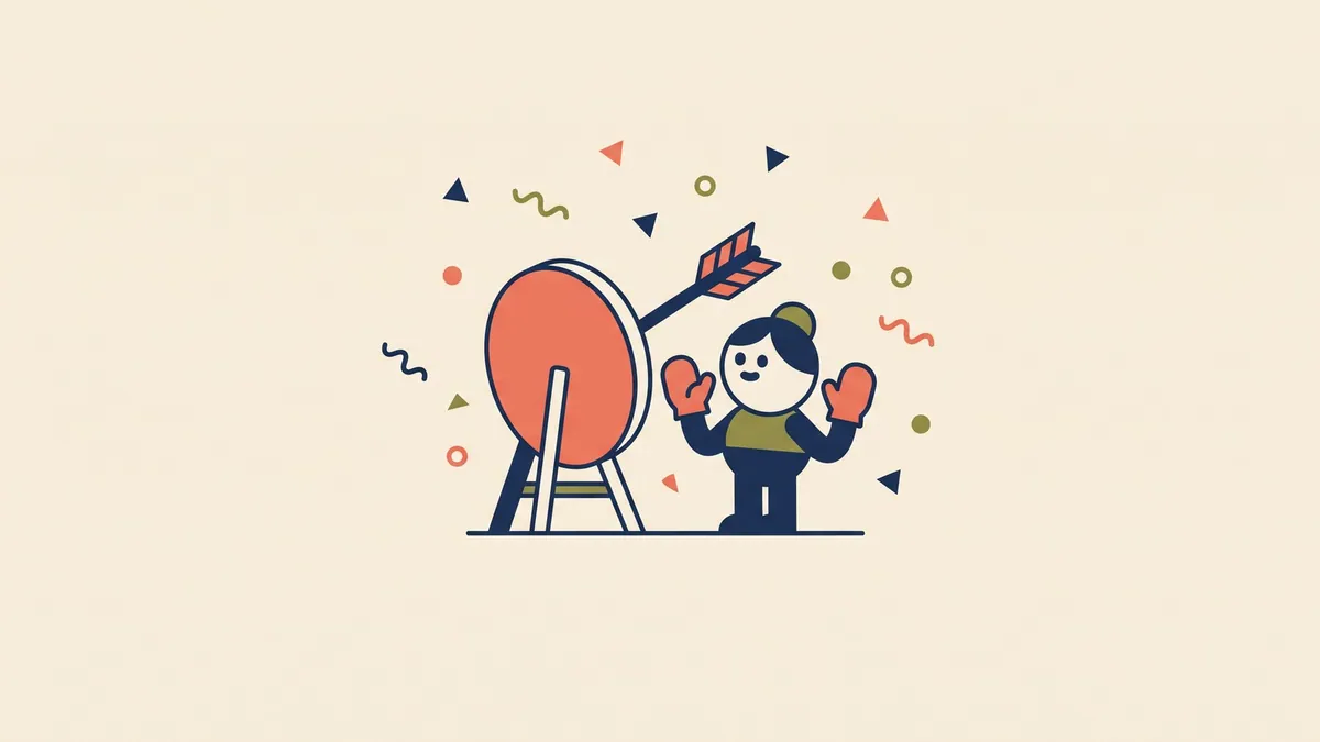 A flat vector character watching an arrow hit a bullseye on a target that is facing away
