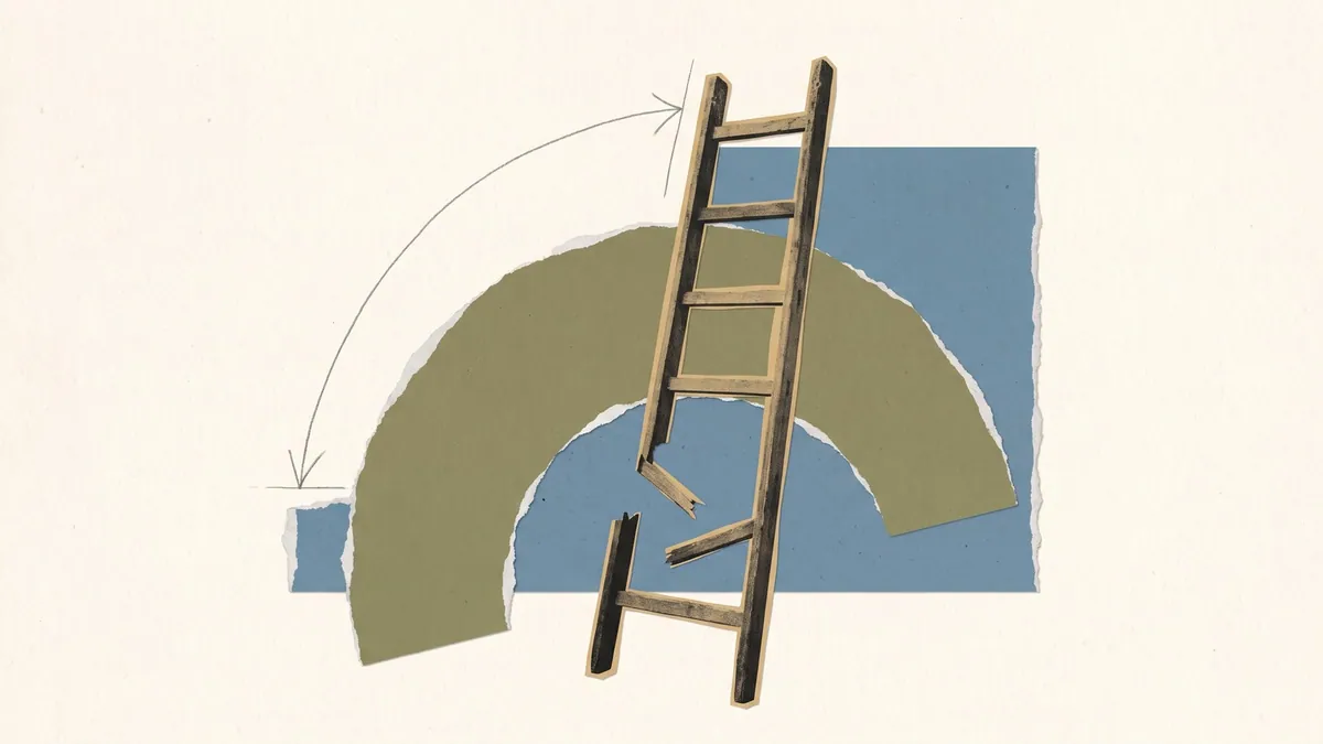 A ladder in charcoal with its lowest rungs missing, against warm off-white