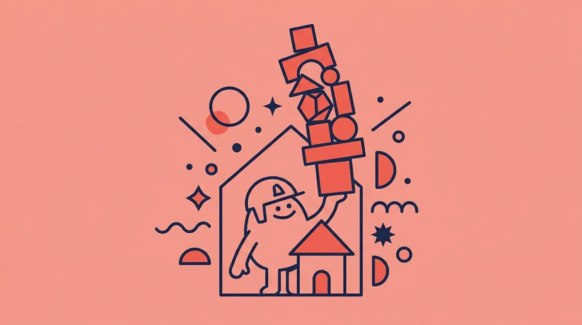 A character inside a small house building a tall tower of blocks that used to require an entire outside crew