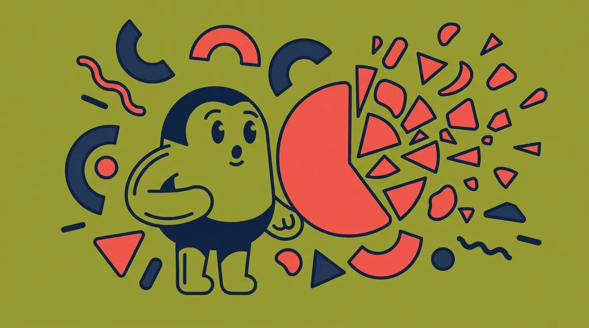 A character watching one large shape splinter into many smaller different-coloured versions of itself