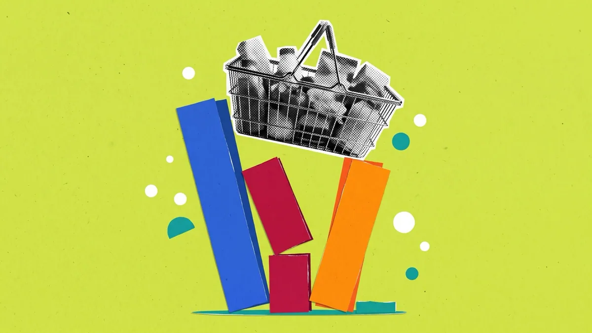 A halftone shopping basket balanced on a wobbling stack of cut-paper charts, on a saturated lime ground