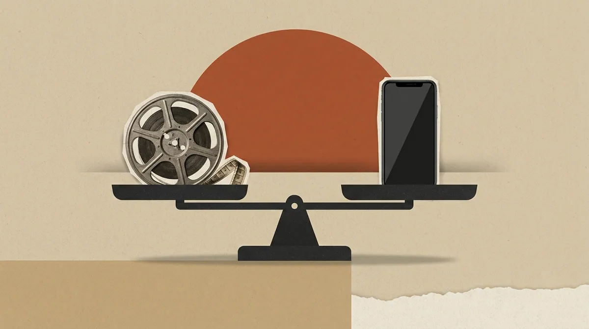 A film reel and a smartphone placed on opposite sides of a scale, both level, against a bold flat backdrop