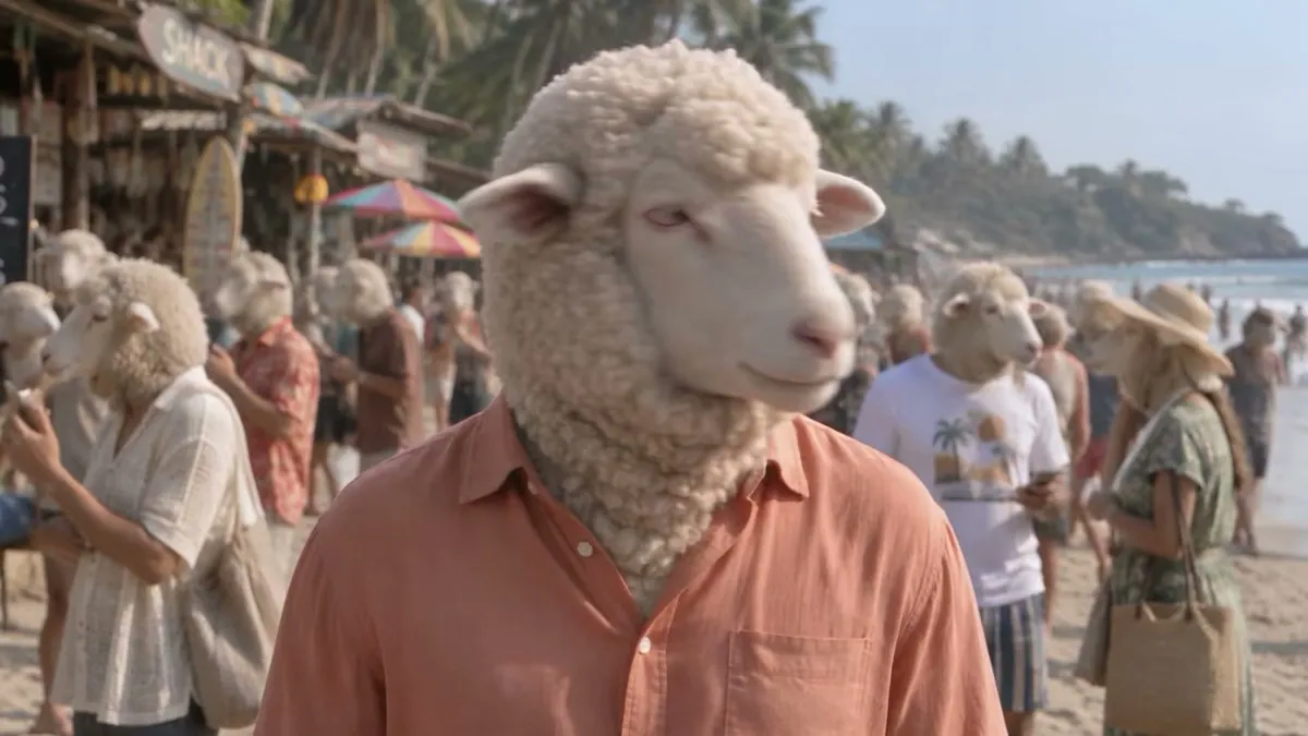 A holidaymaker with a sheep's head on a crowded beach, from ixigo's Don't Follow the Herd film